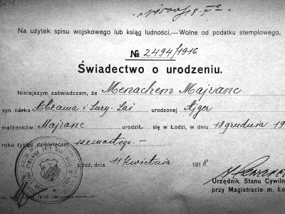 Geburtsurkunde von Menachem Majranc, Beilage zum Grundbucheintrag des Hauses Nowomiejska 35 in Lodz. © Anemone Rüger