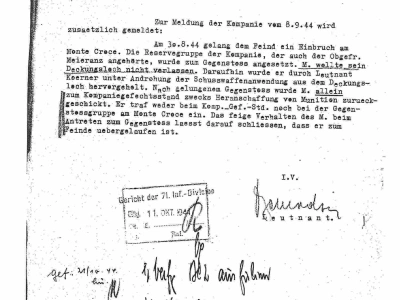 Meldung des Grenadierregiments 191 an das Gericht der 71. Infanteriedivision vom 9. Oktober 1944 über den Verdacht, der Obergefreite Meieranz sei „zum Feinde übergelaufen“. Quelle: Deutsche Dienststelle, Akte Alwin Meieranz